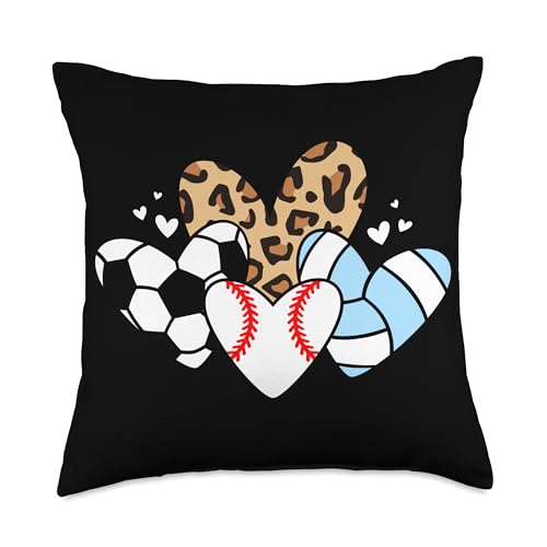 Baseball Volleyball Soccer Heart Jan Baseball Volleyball Soccer Heart Funny Sport Leopard Mom Throw Pillow, 18x18, Multicolor