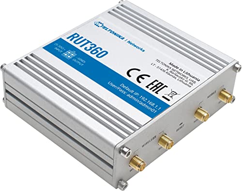 Teltonika RUT360000000 LTE Industrial Cellular Router; for Europe, The Middle East, Africa, Australia, APAC, Brasil, Malaysia Operators Only; Ethernet, WiFi, and 4G LTE Interfaces