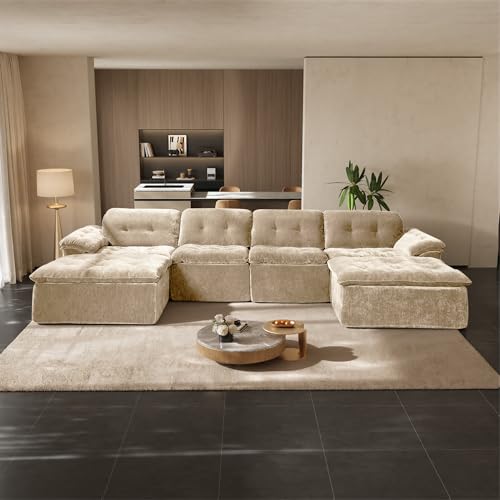 Image of 157 inch Oversized U Shaped Sectional Cloud Couch, Large Modern Cloud Sectional Couch with Ottoman, Chenille 6 Seat Sofa Set, Modular Sectional Sofa for Living Room, No Assembly Required, Coffee