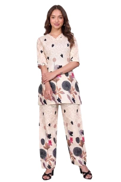 Women's Pure Cotton Printed Night Suit Set | Cozy V-Neck Short Kurti Tunic with Matching Pyjamas | Soft Breathable Loungewear & Co-ord Set for Women-image-4