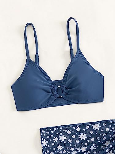 COZYEASE Girls' 3 Piece Bikini Set Ditsy Floral Print Wireless Swimsuit with Beach Skirt3