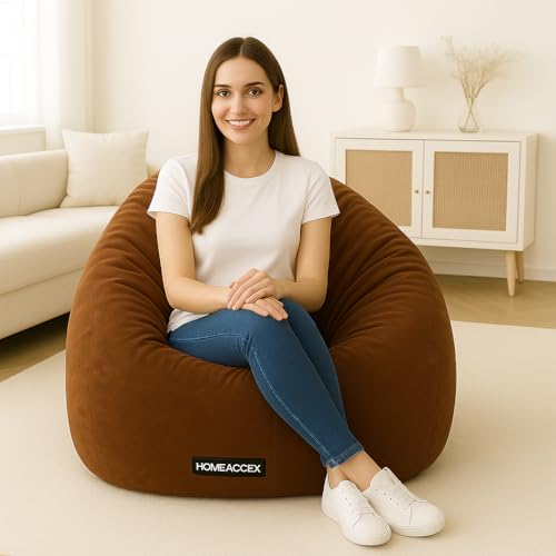 Image of Velvet Bean Bag with Filled Beans 6XL Bean Bag Chair | Capacity Upto 150 Kg Weight | 6XL Filled Bean Bag Sofa Jumbo, Brown