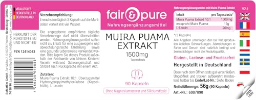 Fair & Pure Muira Puama 500mg, 90 Kapseln, schluckfreundlich, 10:1 Extrakt, Nahrungsergänzungsmittel vegan ohne Magnesiumstearat, in Deutschland hergestellt