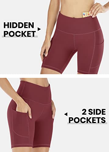 Iuga Biker Shorts Women 6"/8" Workout Shorts Womens With Pockets High Waisted Yoga Running Gym Spandex Compression Shorts Wine #TOP2