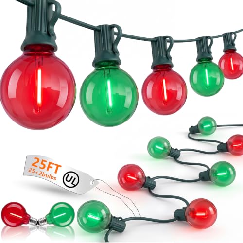 25Ft G40 LED Red Green Outdoor String Lights, 27 Shatterproof Globe Bulbs
