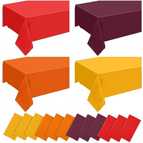 Frienda 12 Pcs Fall Disposable Tablecloth Orange Yellow Red Brown Thanksgiving Plastic Table Cover 54 x 108 Decorative Plastic Rectangle Table Cloths for Autumn Harvest Holiday Party Supplies