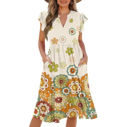 Image of Womens Summer Dress Ruffle Sleeve V Neck Dress Casual Fit Flowy Beach Vacation Sundress with Pocket S-2XL