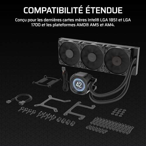 CORSAIR NAUTILUS 360 RS LCD Watercooling pour CPU - Ecran LCD IPS 5.3cm - Radiateur 360 mm, Intel LGA 1851/1700, AMD AM5/AM4, Connexions série simples, Inclus 3x RS120 Ventilateurs - Noir
