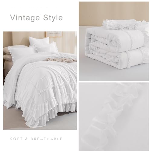 Image of QSH 3PCs Natural White Ruffled Oversized King Comforter 120x120, Shabby Boho Chic Farmhouse Ruffle Bed Comforter Set California King Comforter Ultra Soft Microfiber Lightweight Fluffy Bedding