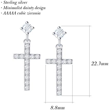 Solid 925 Sterling Silver with White/Yellow Gold Plated Sparkling Cubic Zirconia CZ Cross Earrings Dangle Small Dainty Fine Jewellery for Women Girls - Dimension: 22 * 10 mm