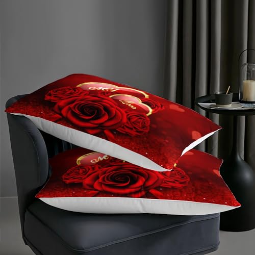 Image of AILONEN Red Rose Comforter Set Queen Size,Romantic Hearts Couple Love Bedding Set,3D Rose Floral Bedding Queen Comforter Set Glitter Bed in a Bag 3 Pieces, 1 Quilt and 2 Pillowcases