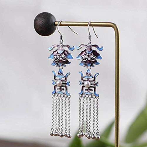 Goutte d'oreille S925 style chinois anti-allergie avec perles bleues artisanales