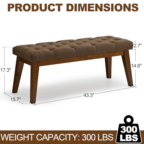 Image of WUTUTUEE 43.5'' Linen Bedroom Bench, Upholstered End of Bed Bench with Tufted Button, Padded Vintage Dining Bench, Entryway Bench with Solid Wood Legs, Kitchen, Living Room, Hallway, Brown Tufted