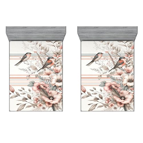 Ambesonne Floral Art 2 Pack Fitted Sheet, Farmhouse Flowers Birds, Bed Cover All-Round Elastic Deep Pockets 2 Pieces, Package Contains 2 Full Size Fitted Sheets, Blush Pale Reseda Green
