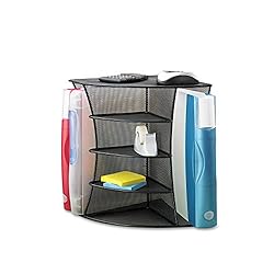 black letter tray organizer with file folders, binders, sticky notes in it