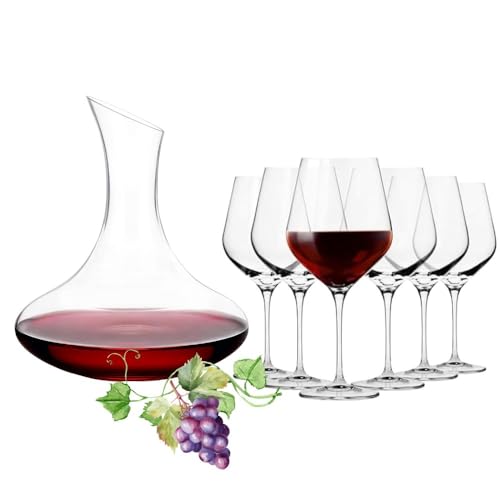 Cecaro Group – Set Decanter + 6 Calici da Vino | 7 Pezzi | 1,7 L + 315 ml | Vetro Resistente