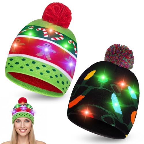 VGOODALL 2PCS Christmas LED Beanie Hats, Light Up Knit Beanie Hats Flashing Christmas Hat for Kids Adults Xmas Ugly Sweater Party