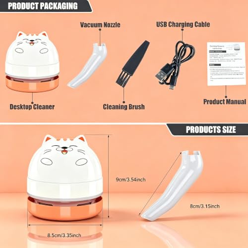 Image of Mini Desktop Vacuum Cleaner, Portable USB Vacuum Cleaner for Desk Mini Cute Cartoon Desktop Vacuum for Cleaning Eraser Crumbs, Dust, Crumbs, Piano, Hairs, Computer, Keyboard and Car (White Orange)