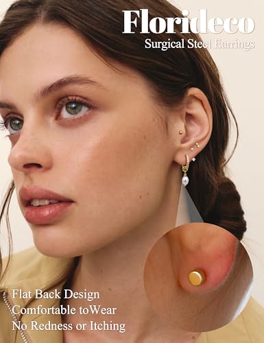 Florideco Hypoallergenic Gold Earrings for Women Surgical Stainless Steel Flat Back Earrings 14K Gold Small Stud Hoop Earring Stacks with CZ Charm Cartilage Earring Set for Multiple Piercing Jewelry2
