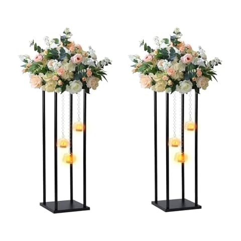 Rectangular Metal Wedding Flower Stand Vase with Hanging Glass Globe Terrarium Tealight Candle Holder, Multifunctional Geometric Column Frame Centerpiece (Black, 2 Pcs 25.2'') Cover