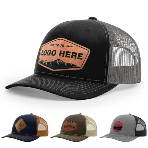 Personalized Custom 112 Style Trucker Leather Patch Hat for Men &amp; Women, 6 Panel Structured Baseball Cap with Snapback Enclosure, Engraved Gift For Him &amp; Her