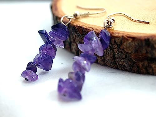 Amethyst Earrings Silver For Women Tumbled Stone Earrings Stacked Small Dangle Raw Crystal Earrings Lightweight Everyday Drop Earrings February & December Birthstone Anniversary Gift #TOP1