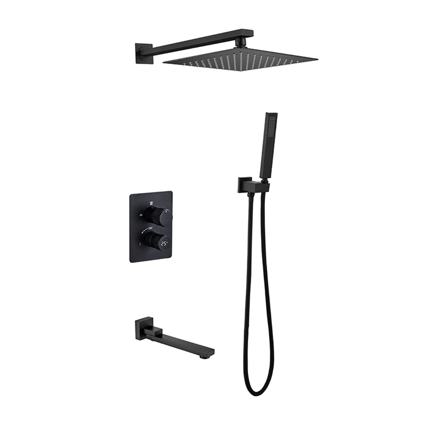 Flexible de douche noir avec pommeau de douche encastré 10 pouces et mitigeur mural