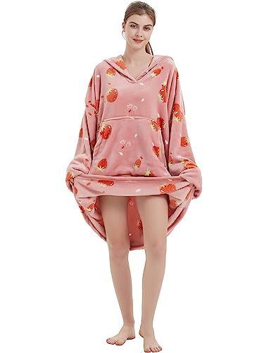 Image of ABENCA Wearable Blanket Hoodie Adult Oversized Sweatshirt Light Flannel Sherpa, Warm and Cozy, One Size Fits All.Strawberry