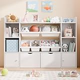 Xilingol Kids Storage Organizer W/6 Removable Toy Bins, 4-Tier Organizers W/6 Storage Cubbies and 2 Movable Drawers, Kid Bookshelf and Storage for Playroom, Bedroom, Kids Room (White)