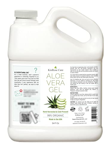 KinRose Care Organic Aloe Vera Gel Bulk - Half Gallon - for Face, Skin, Hair & Sunburn Relief From 100 Percent Pure Aloe Vera - Cold Pressed, Vegan, Unscented - Made in USA (64 Fl Oz)