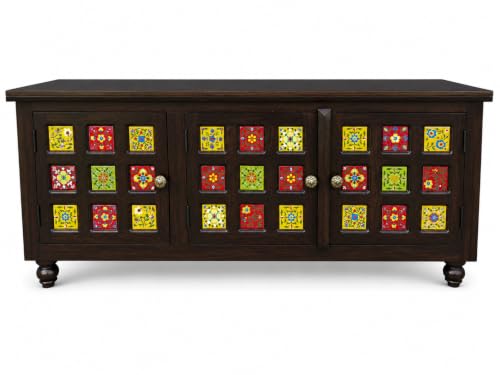 Image of Sheesham Wood TV Unit Cabinet with Handcrafted Ceramic Tile Doors | Dark Walnut Finish | 3 Door TV Console Entertainment Center | Storage Cabinet for Living Room (57 x 18 x 23 Inches)