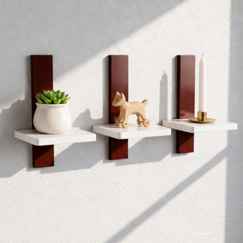 Image of Set of 3 Wall Mounted Floating Shelves | White Wooden Display Shelf with Brown Vertical Back Panel | Modern Minimalist Wall Decor for Living Room, Bedroom & Office | Engineered Wood