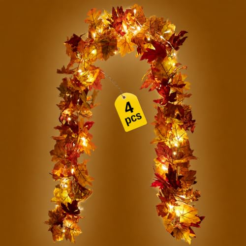 Guirnalda de arce de otoño artificial con 80 luces LED decoración maleable de 6 pies