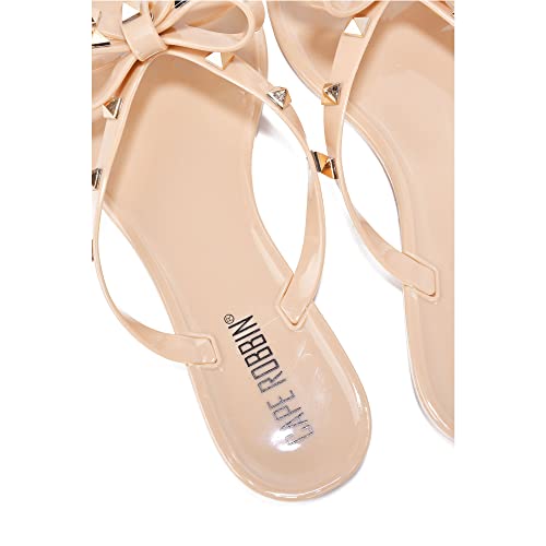 Cape Robbin Christa Womens Studded Jelly Flip Flops With Bow, Open Round Toe Sandals For Women - Nude Size 8 #TOP4