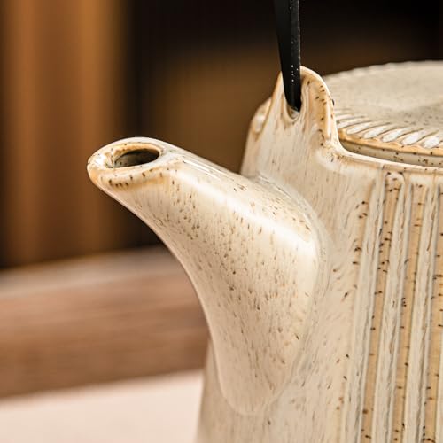 Image of Yundu Ceramic Teapots for Tea, 1000ml /33.8oz Tea Pot with Infusers for Loose Tea, Striped Tea Pot with Removable Tea Infuser - Reactive Cream