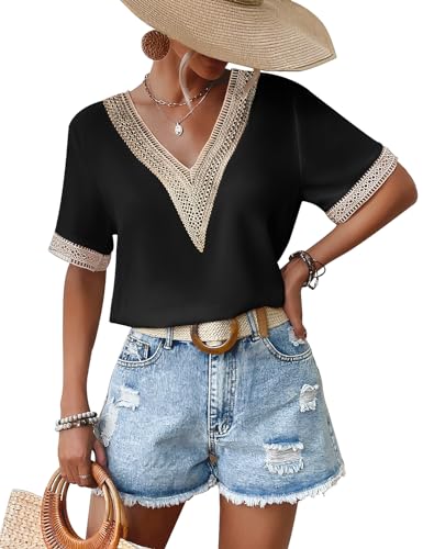 CMTOP Camisa Manga Corta Mujer Elegantes Blusas Mujer Verano Cuello en V Camisetas Camisa de Gase Casual Informal Blusa Color Sólido Tops(Negro, L)