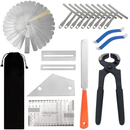 TUOREN O kit de ferramentas de reparo de traste Guitar Luthier inclui alicate extrator de traste, arquivo de coroa, balancim de traste, medidor de raio de corda de ação de substrato, medidor de sensor