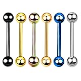 Heuvipens 6pc 14G Surgical Steel Mixed Color Barbell Tongue Straight Bar Ring Stud Piercing Jewelry Set 5/8' Length