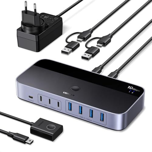 UGREEN Switch USB C 3.2 10 Gbps Conmutador KVM 2 Entradas de PC Comparten 7 Dispositivos USB (4A3C) para Teclado Ratón Disco Duro Impresora Escáner y Micrófono con Adaptador de Corriente DC 12 V