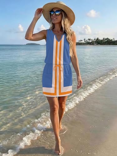 Image of SAUKOLE Womens Sleeveless T Shirt Dresses Casual Cute Floral Print Short Dress Summer Fashion Front Pockets