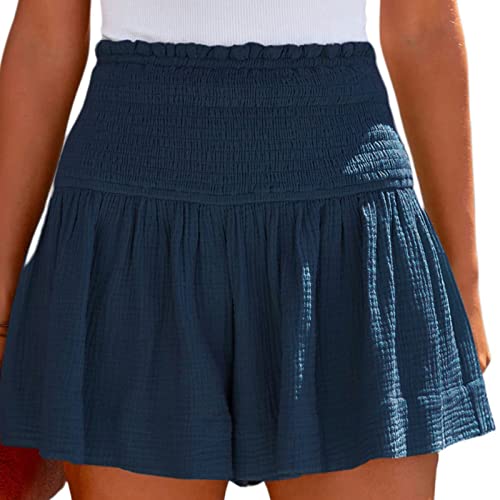 Sgikjia Womens Shorts For Summer Ruffle Elastic High Waisted Smocked Shorts Culottes Beach Shorts Cotton Walking Shorts #TOP2