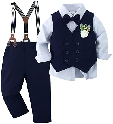 YALLET Toddler Baby Boy Clothes Suit Gentleman Wedding Outfits, Formal Dress Shirt+Bowtie+Vest+Boutonniere+Suspender Pants