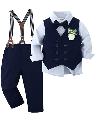 ZOEREA Baby Jungen Bekleidungsset Anzug Gentleman Festliche Taufe Hochzeit Langarm Kleid Hemd + Bowtie + Weste + Boutonniere + Hosenträge Blau,18-24 Monate