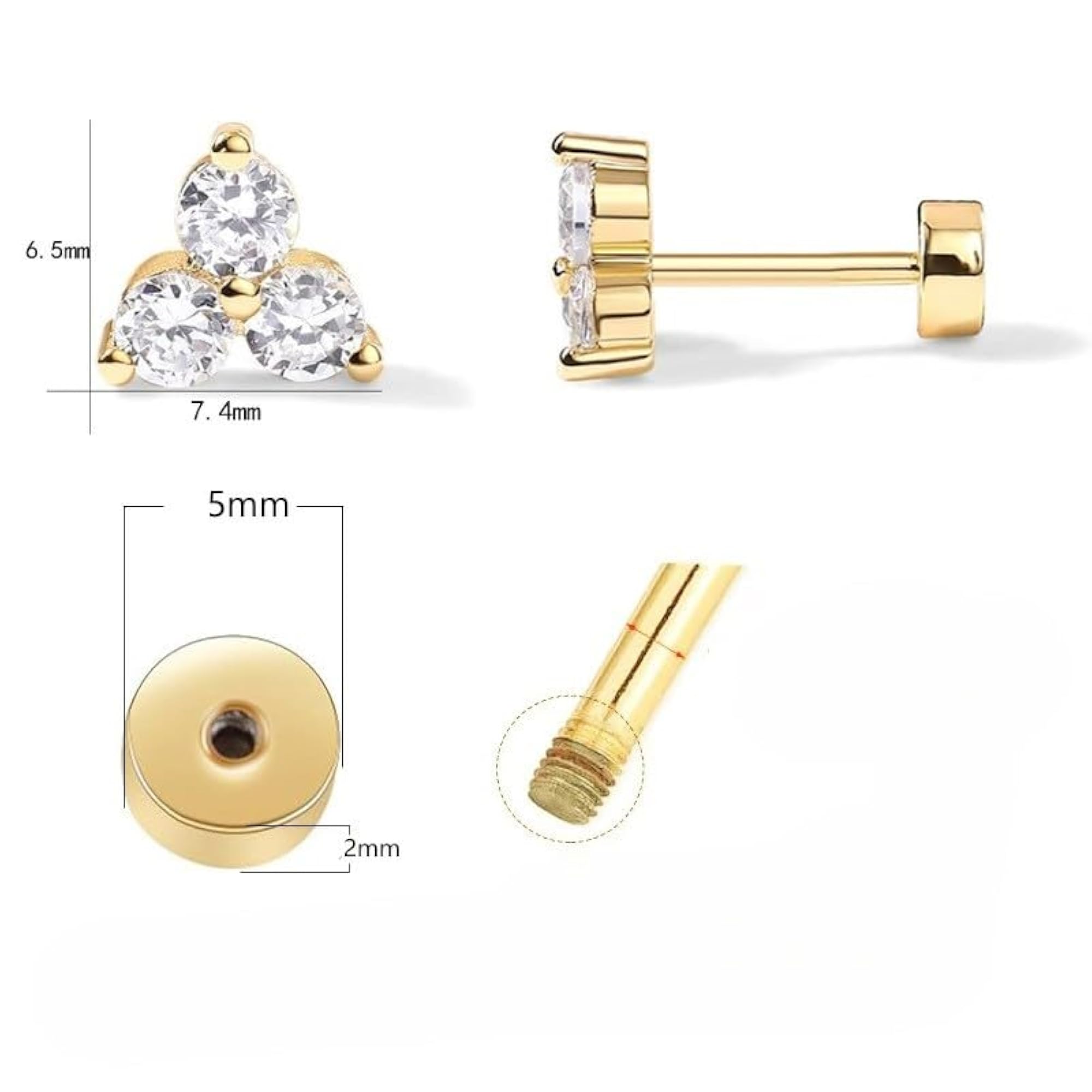 Small 14K Plated 3 Diamond Zircon Flatback Studs for Women