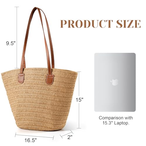 Image of Pleneal Straw Beach Bags for Women - Women Beach Handmade Woven Tote Bag, Summer Mesh Hollow Shoulder Bag for Holiday