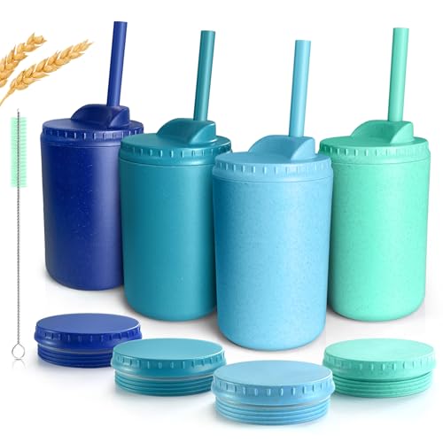 Teivio 4 pcs 10 oz Wheat Straw Kids/Toddler Cups with Lid and Straws, Reusable Spill proof cups for Kids,Unbreakable plastic cups with Silicone Straws&Cleaning Brush,Dishwasher Safe,True blue
