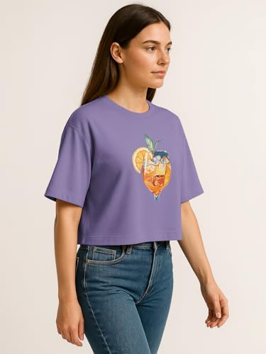 Image of HELLCAT Beige Printed Loose Fit Crew-Neck Crop T-Shirt for Women
