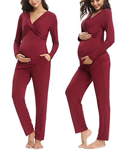 Irdcomps Stillpyjama Damen Lang Stillschlafanzug Baumwolle Umstandspyjama Lang Schwangerschaft Pyjama Stilfunktion Nachtwäsche Langarm Stilloberteil Lange Hose Winter Weinrot M Cover