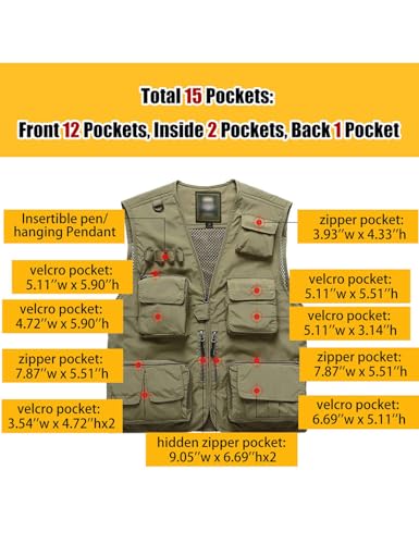 Vanchenl Herren Freizeit Safari Angeln Outdoor Arbeit Weste Jacke Foto Reise Cargo Mesh Weste Multi Taschen Armeegrün XL