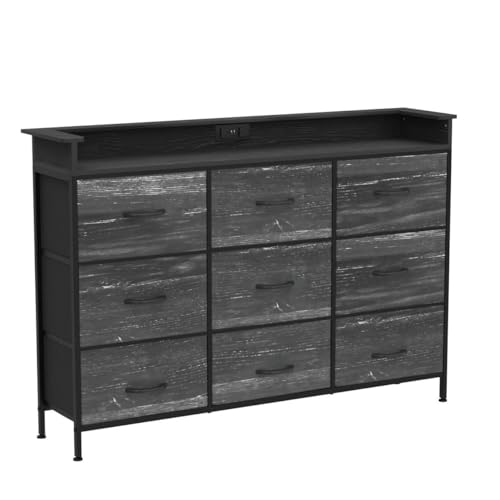 Image of EXOTICA Black Dresser with Charging Station 9 Drawers Dresser with LED Light and USB Ports Fabric Dressers for Bedroom Hallway Entryway Closets Sturdy Steel Frame Wood Top